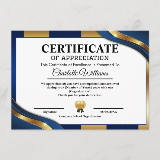 Professional Certificate of Appreciation Blue Gold Begleitkarte (Vorderseite)