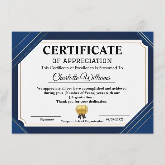 Professional Certificate of Appreciation Blue Gold Begleitkarte (Vorderseite)