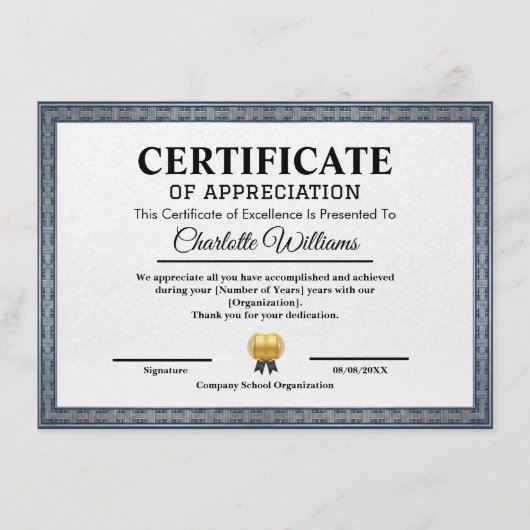 Professional Certificate of Appreciation Template Begleitkarte (Vorderseite)