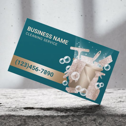 Professional Cleaning Service Teal & Gold Bubbles Visitenkarte