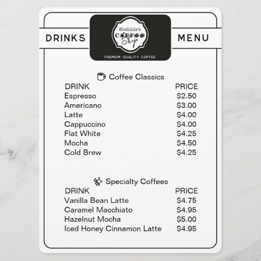 Professional Coffee Shop Personalized Drinks Menu Menükarte (Vorderseite)