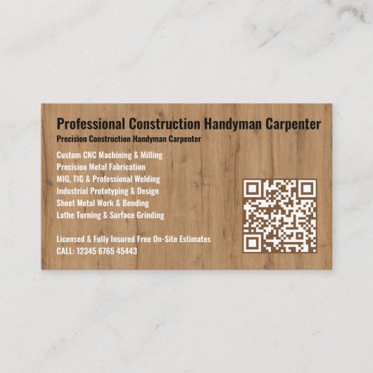 Professional Construction Handyman Carpenter Visitenkarte (Vorderseite)