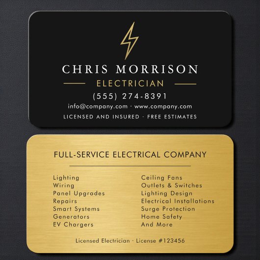 Professional Electrician Contractor Black & Gold Visitenkarte