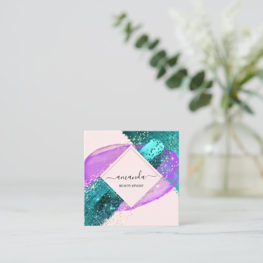Professional Framed Gold Beauty Logo Purple Teal Quadratische Visitenkarte (Stehend Vorderseite)