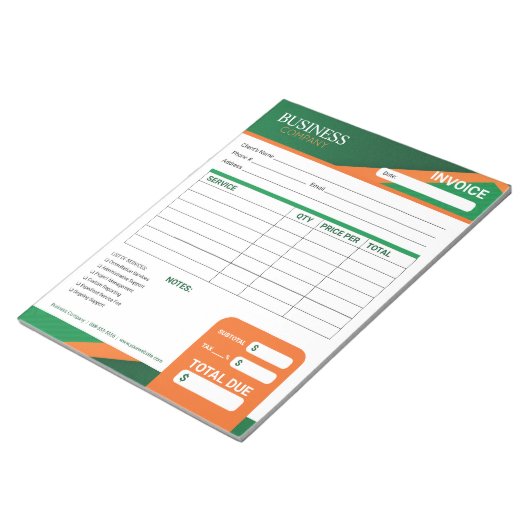 Professional Green with Orange Stripe Invoice Form Notizblock (angewinkelt)