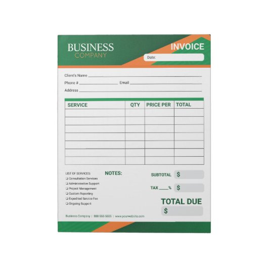 Professional Green with Orange Stripe Invoice Form Notizblock (Rotiert)