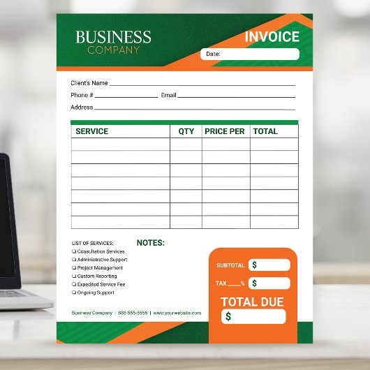 Professional Green with Orange Stripe Invoice Form Notizblock