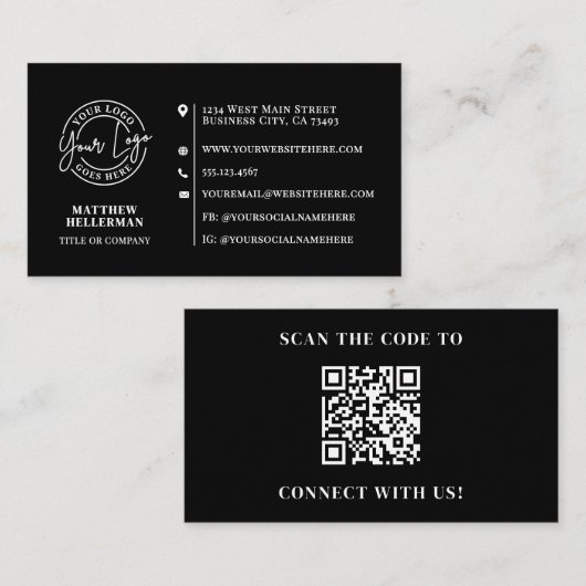 Professional Minimalist QR Code Logo Black Visitenkarte (Vorne/Hinten)