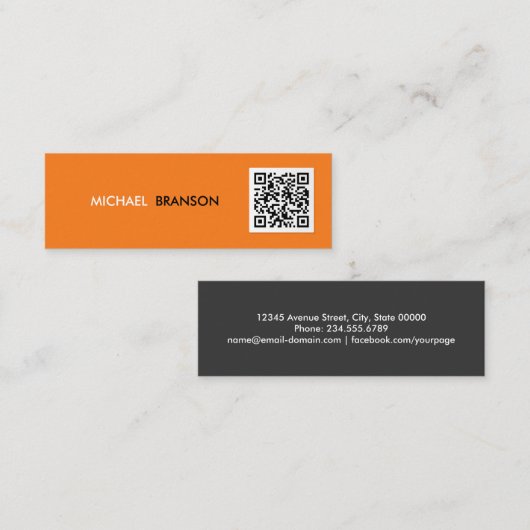 Professional Modern ORANGE Black Minimal QR CODE Mini Visitenkarte (Vorne/Hinten)
