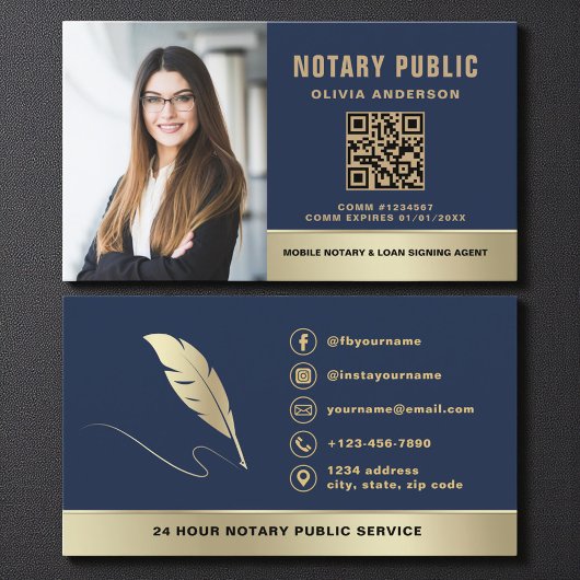 Professional Notary Public Navy Blue Gold Photo Visitenkarte