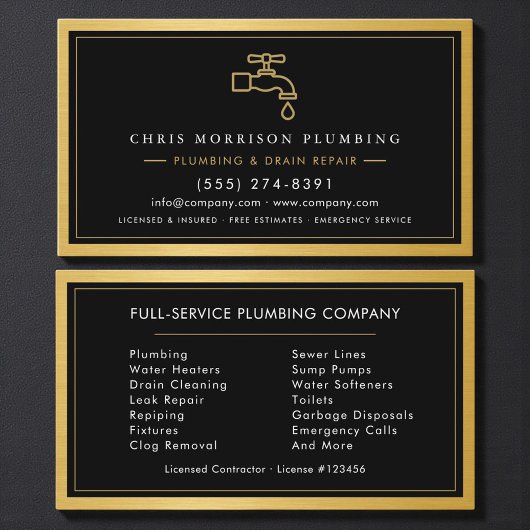 Professional Plumber Black Gold Metallic QR Code Visitenkarte