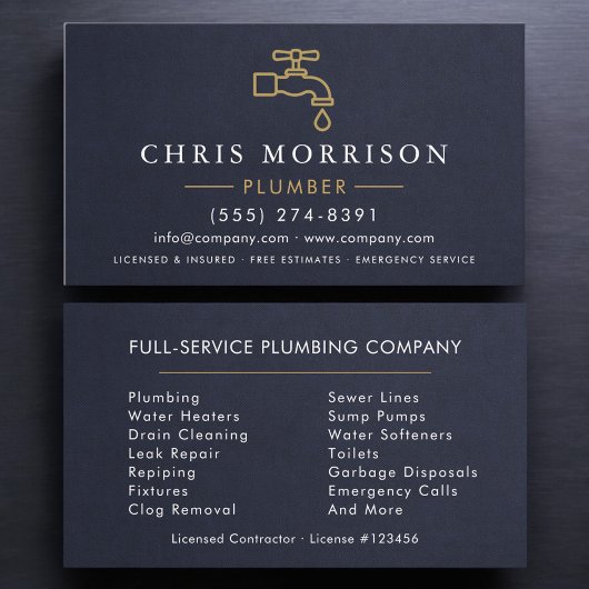 Professional Plumber Navy Blue Gold Minimalist Visitenkarte
