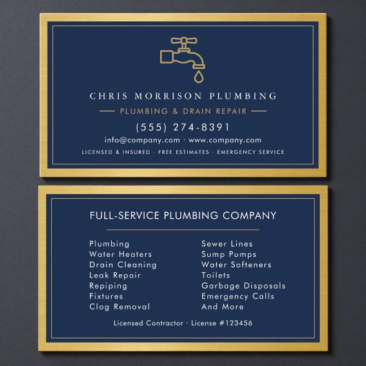 Professional Plumber Navy Blue Gold QR Code Visitenkarte