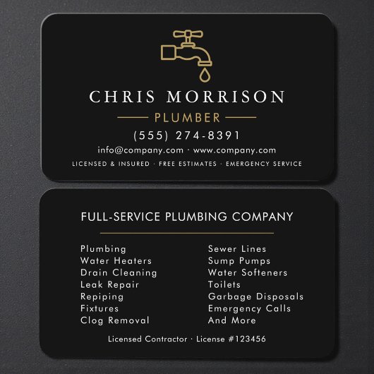 Professional Plumbing Service Black Gold Visitenkarte