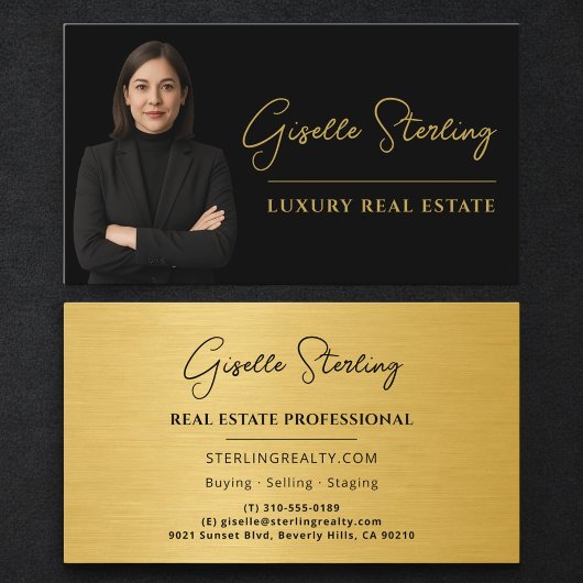Professional Real Estate Black Gold Metallic Visitenkarte