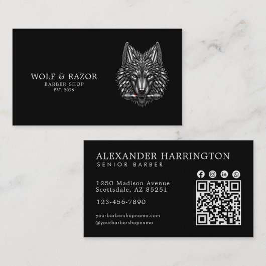 Professioneller Friseursalon Silver Wolf Qr Code Visitenkarte (Vorne/Hinten)
