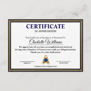 Professionelles Executive Achievement Certificate Begleitkarte