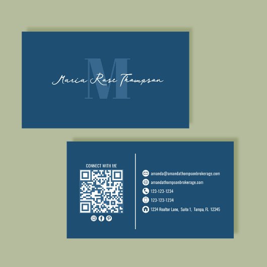 Professionelles Modernes Monogramm Blau QR-Code Visitenkarte