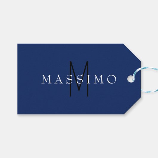 Professionelles schwarzes Monogramm Blau Ihr Name Geschenkanhänger (Vorderseite (Horizontal))