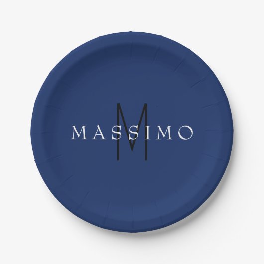Professionelles schwarzes Monogramm Blau Ihr Name Pappteller (Vorderseite)
