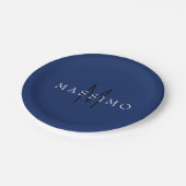 Professionelles schwarzes Monogramm Blau Ihr Name Pappteller (Schrägansicht)