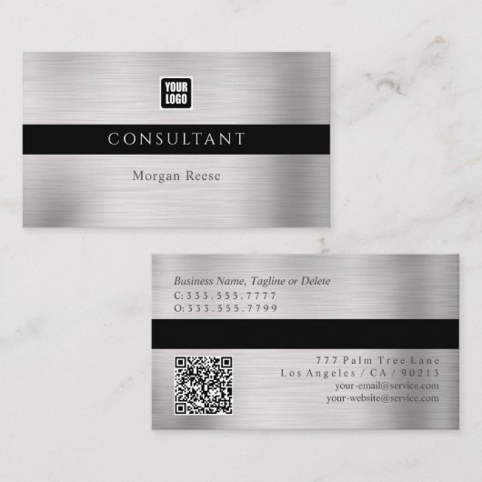 Professionelles Silber, Minimal, Logo, QR-Code Visitenkarte (Vorne/Hinten)