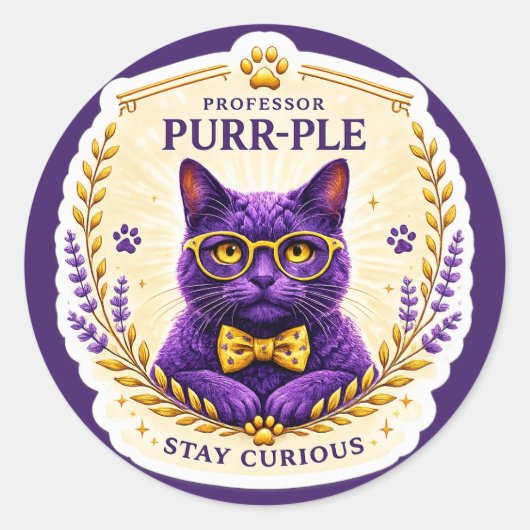Professor Purr-Ple™ – Bleib neugierig Aufkleber (Vorderseite)