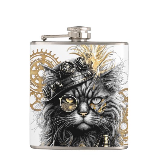 Professor Sprocket-Paws, die funky Steampunk-Katze Flachmann (Vorderseite)