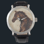 Profil des braunen Wildpferdes Armbanduhr<br><div class="desc">Die Schönheit dieses dunklen Pferdes wird perfekt durch zwei einfache Farben eingefangen: Braun und Beige und die Schärfe der Farbe,  die in diesem Bild verwendet wird,  macht es noch realistischer. Dieser zeitgenössische Kunstdruck,  der ein Profil eines braunen Hengstes darstellt,  verleiht jedem Wohnzimmer,  Esszimmer oder Schlafzimmer Charakter.</div>