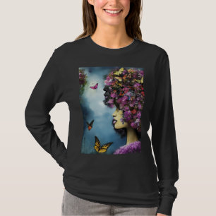 Profil einer Frau mit violetten Blumen und Schmett T-Shirt