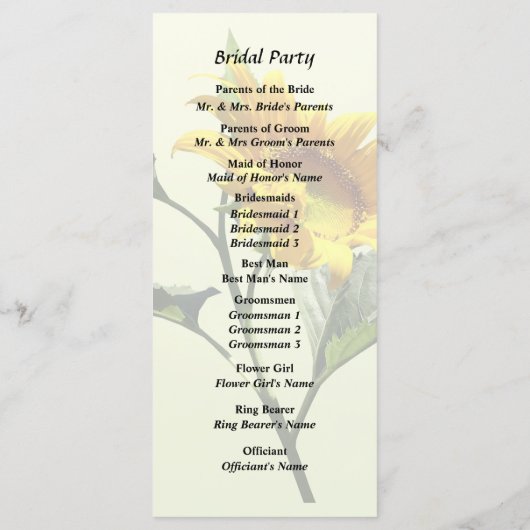 Profil eines Hochzeitsprogramms für Sonnenblumen Programm (Rückseite)