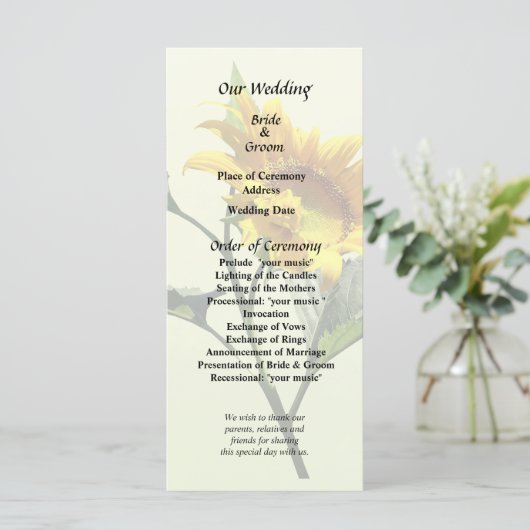 Profil eines Hochzeitsprogramms für Sonnenblumen Programm (Stehend Vorderseite)