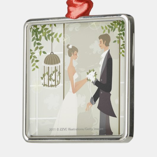 Profil eines Mannes, der einer Frau Blumen gibt Silbernes Ornament (Links)
