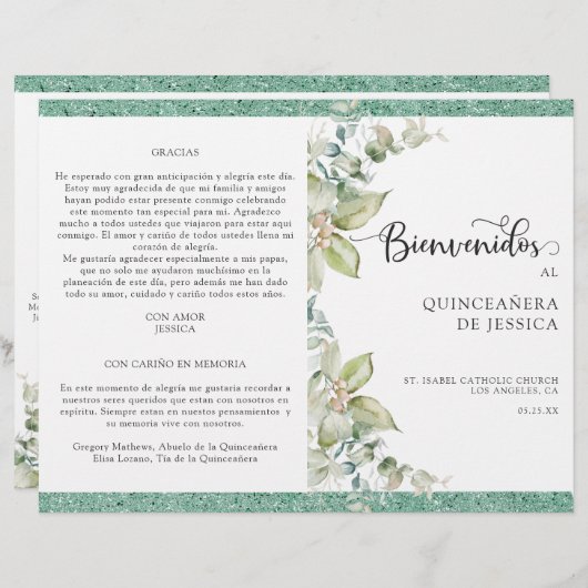Programa de Quinceañera Verde con Hojas (Vorne/Hinten)