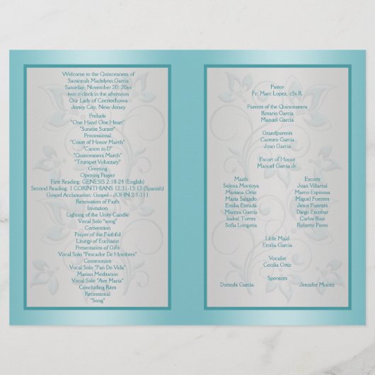 Programm Aqua und Silver Floral Quinceanera (Rückseite)