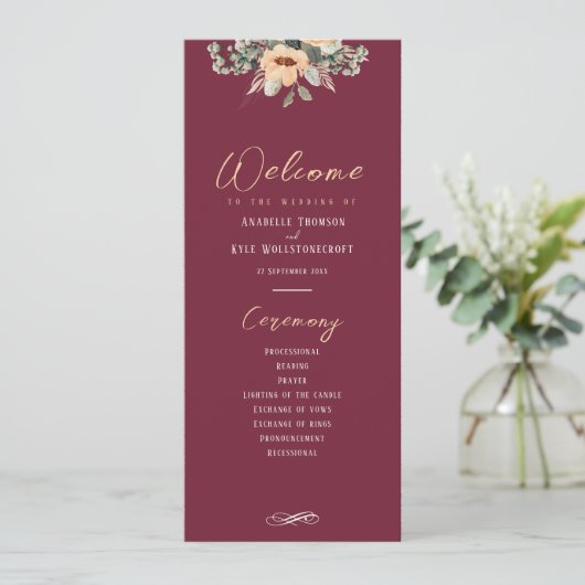 Programm - Elegante Bordeaux, Hochzeit (Stehend Vorderseite)