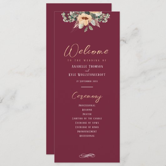 Programm - Elegante Bordeaux, Hochzeit (Vorne/Hinten)