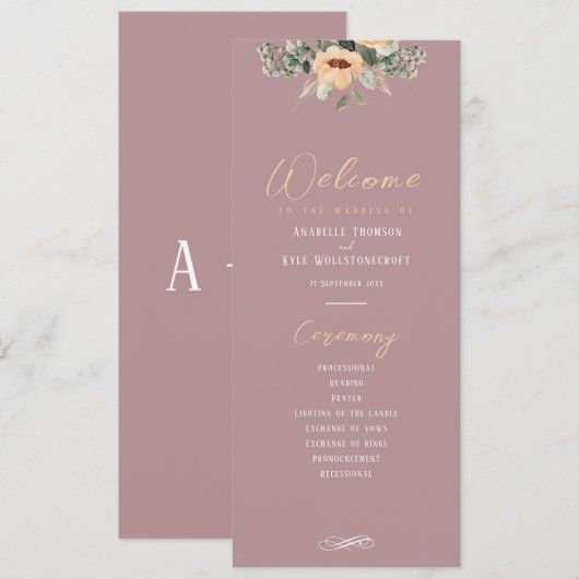 Programm - Elegantes Blumenrosa, Hochzeit (Vorne/Hinten)