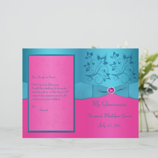 Programm Fuchsien und Turquoise Floral Quinceanera (Stehend Vorderseite)