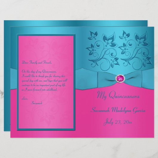 Programm Fuchsien und Turquoise Floral Quinceanera (Vorne/Hinten)