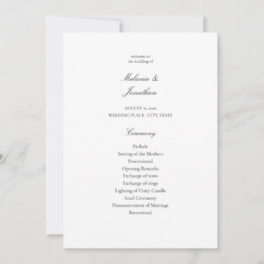 Programm für die weiße Elegante Hochzeit (Vorderseite)