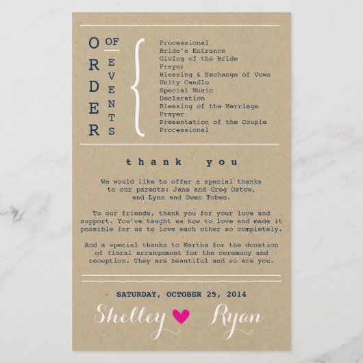 Programm für einfache Herz-Hochzeit (Rückseite)