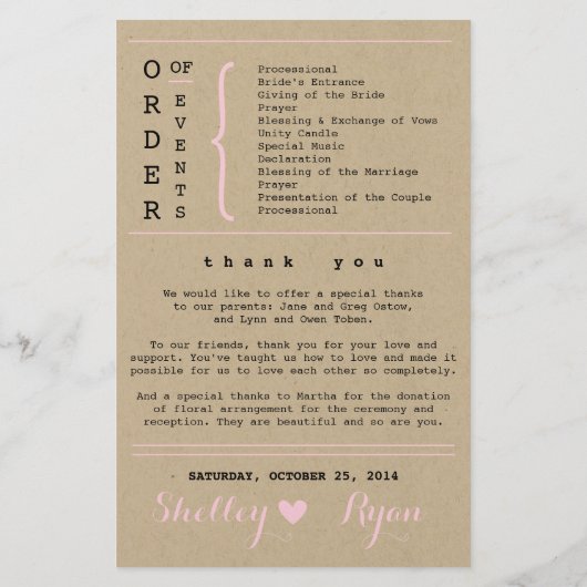 Programm für einfache Herz-Hochzeit (Rückseite)