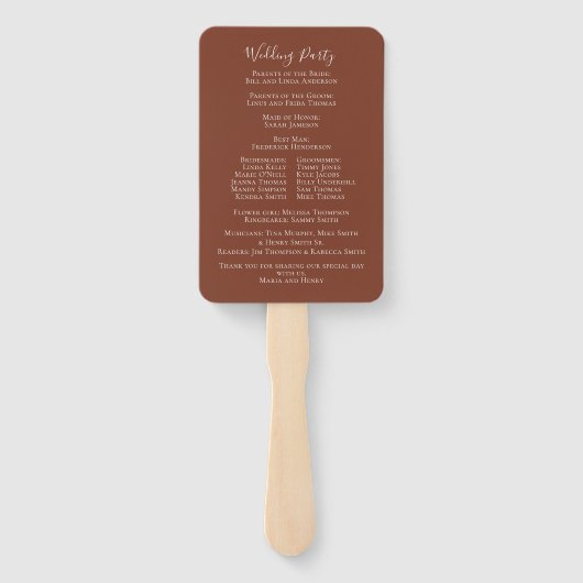 Programm für einfache Terracotta-Hochzeit Fächer (Rückseite)