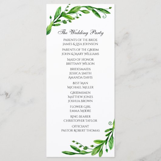 Programm für grüne Zeremonie. Hochzeit im Garten.  (Rückseite)