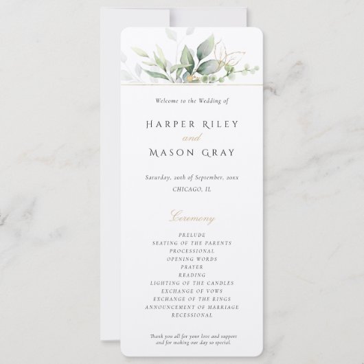 Programm für Hochzeiten im Grünen und Gold (Vorderseite)