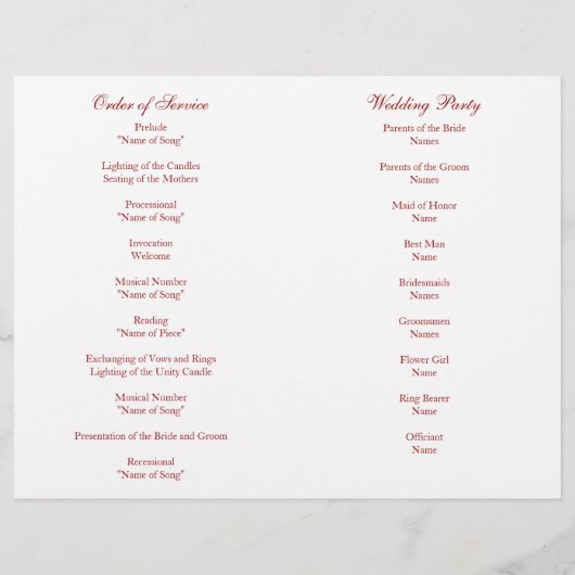 Programm für Hochzeitsstimmung und Zeremonie (Rückseite)