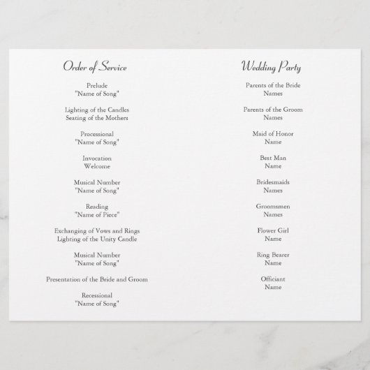 Programm für Hochzeitsstimmung und Zeremonie (Rückseite)