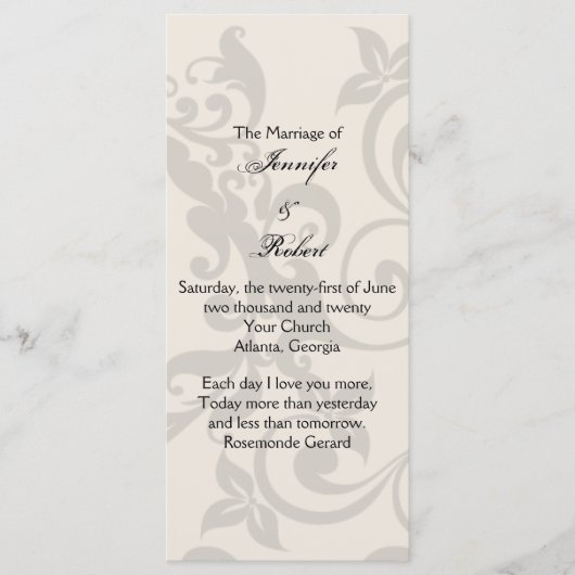 Programm für Holzkohle und Ivory-Filigree-Hochzeit (Vorderseite)