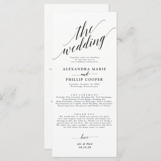 Programm für Kalligrafie-Hochzeitfeier | Schwarz (Vorne/Hinten)